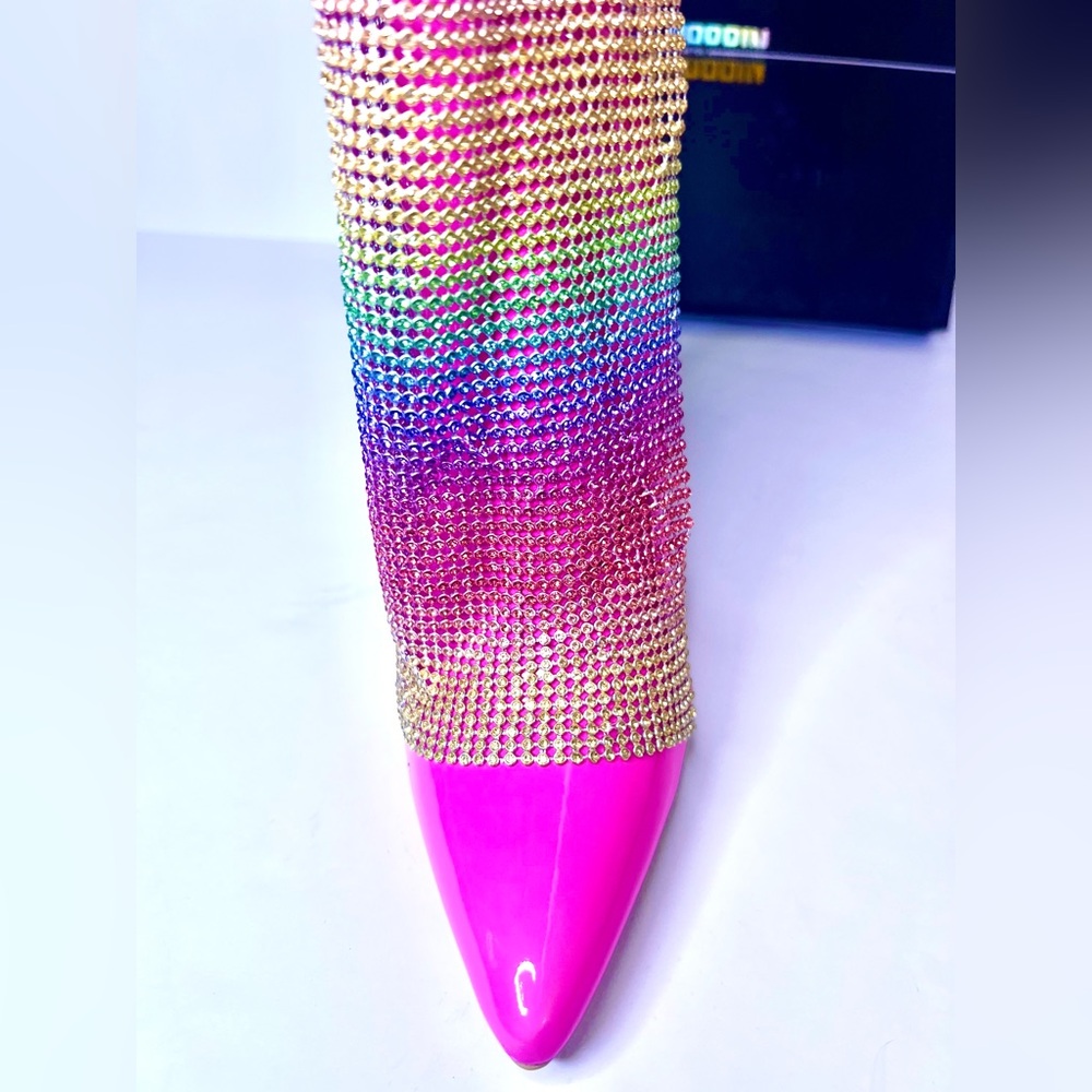 Rainbow Rhinestone Stiletto Boots. Hot Pink w/ Colorful Rhinestone Curtain -EDC - Picture 14 of 16